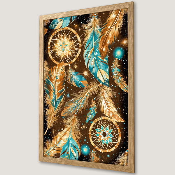 Framed Poster featuring dreamcatchers & feathers in boho style, with teal, gold, & brown color palette. Perfect wall art!