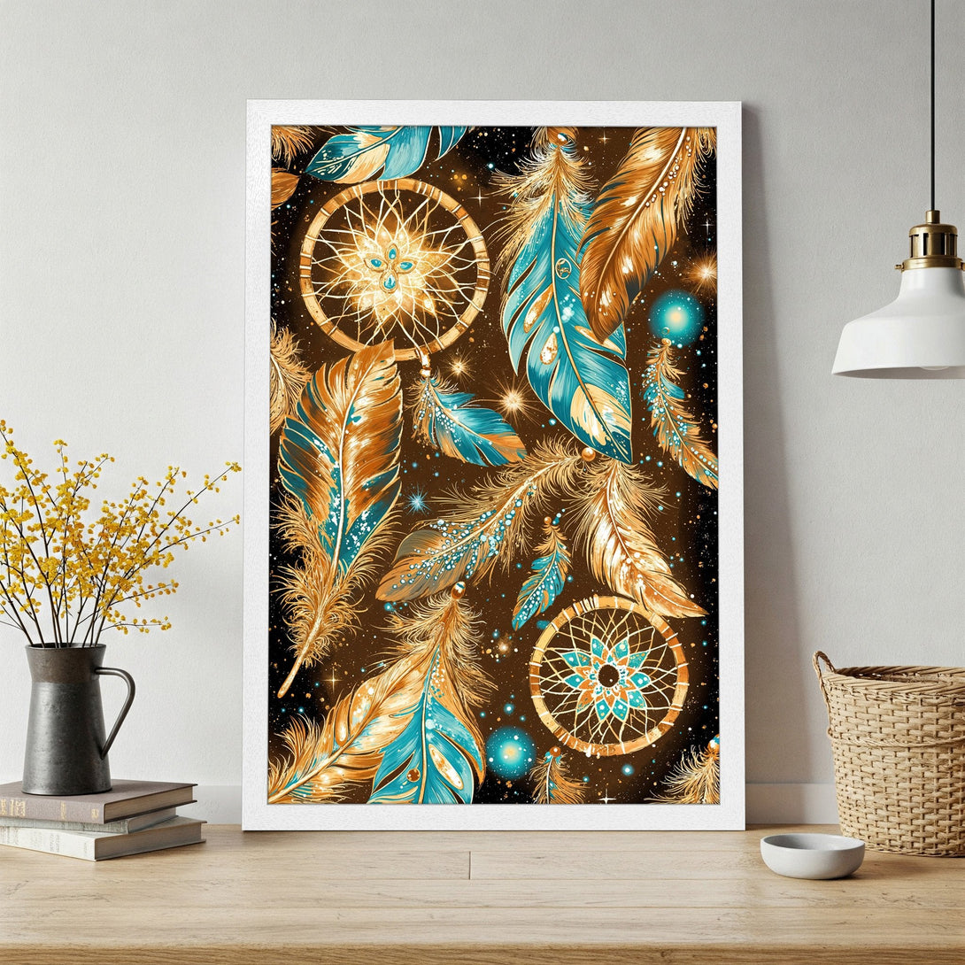 Framed Poster featuring dreamcatchers and feathers in a boho style with a brown, teal, and gold color palette. Perfect wall art!