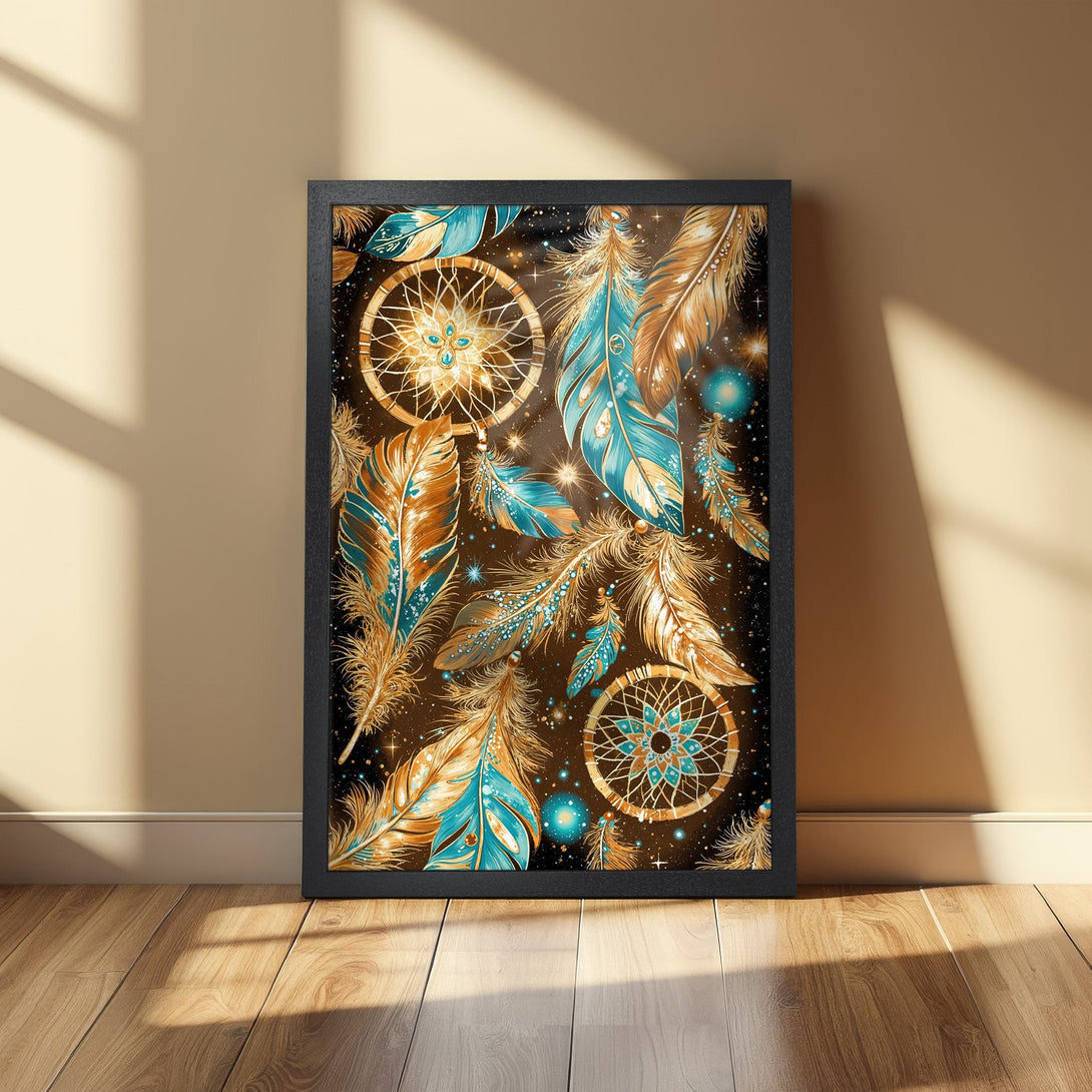 Framed Poster featuring dreamcatchers and feathers in a bohemian style with a teal, gold, and brown color palette. Add a touch of magic to your space!