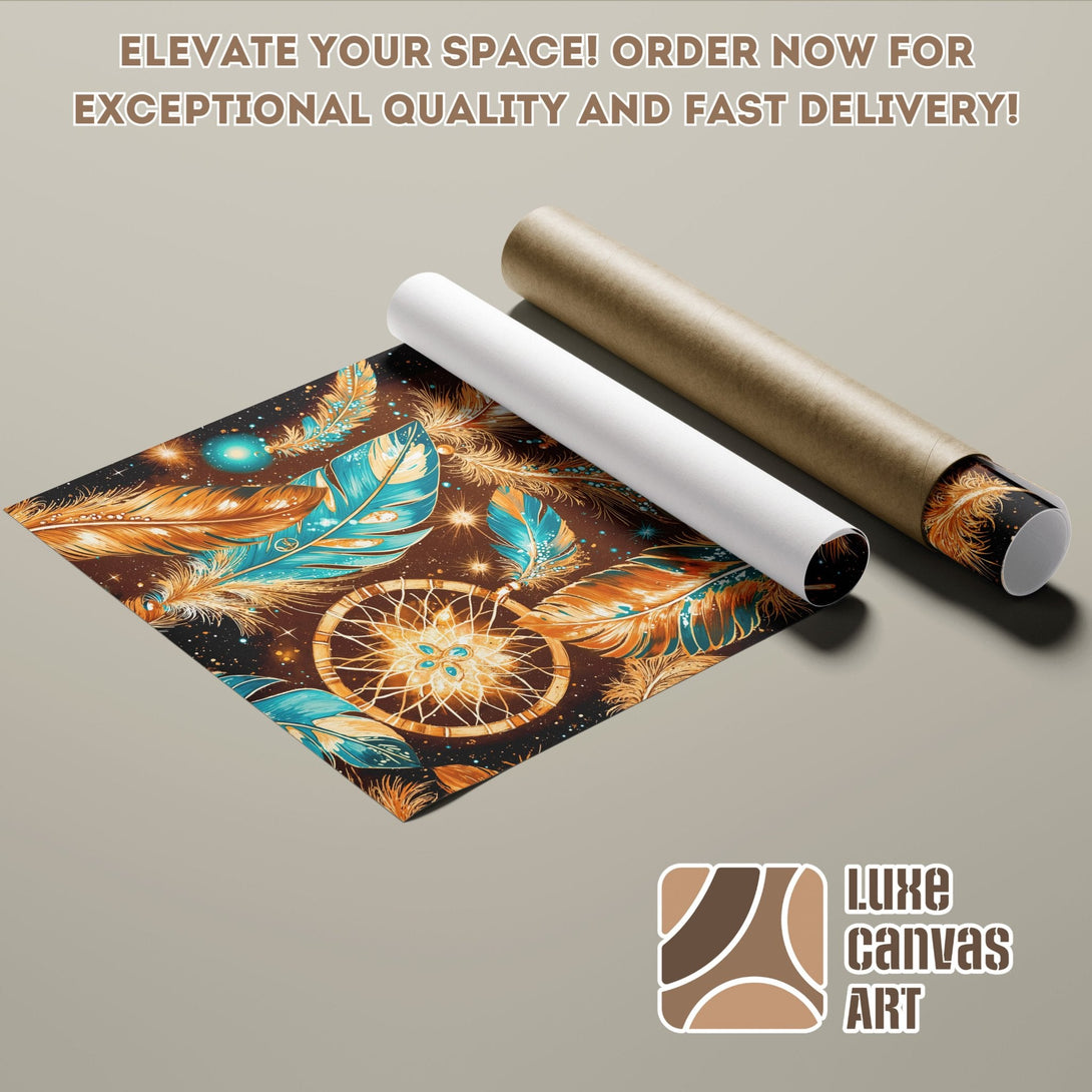 Poster Roll featuring a dreamcatcher design with feathers, in a vibrant teal, gold, and brown color palette. Elevate your space!