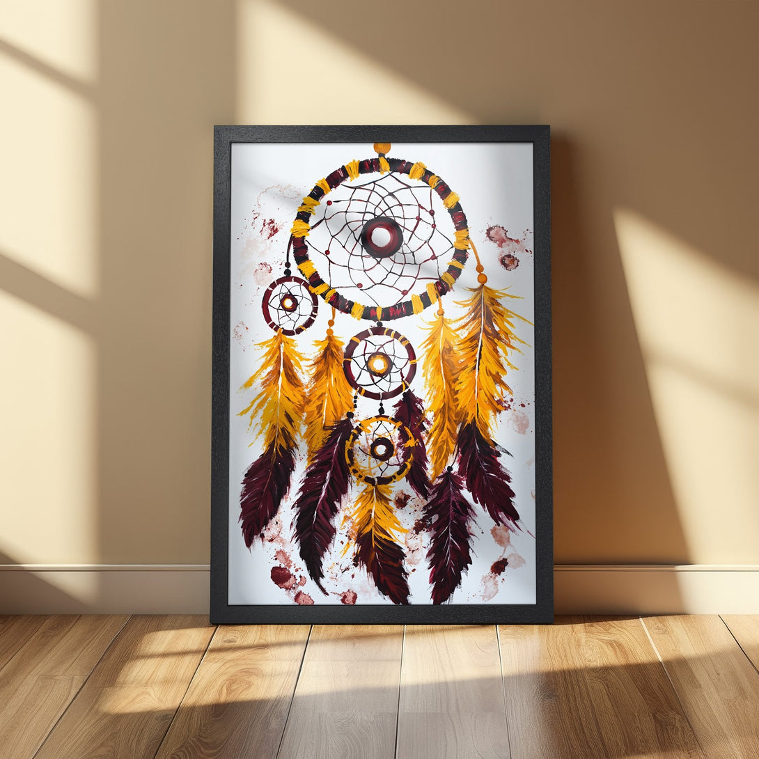 Framed Poster of a dreamcatcher in watercolor style, featuring warm yellow, burgundy, and brown hues. Perfect boho wall art.