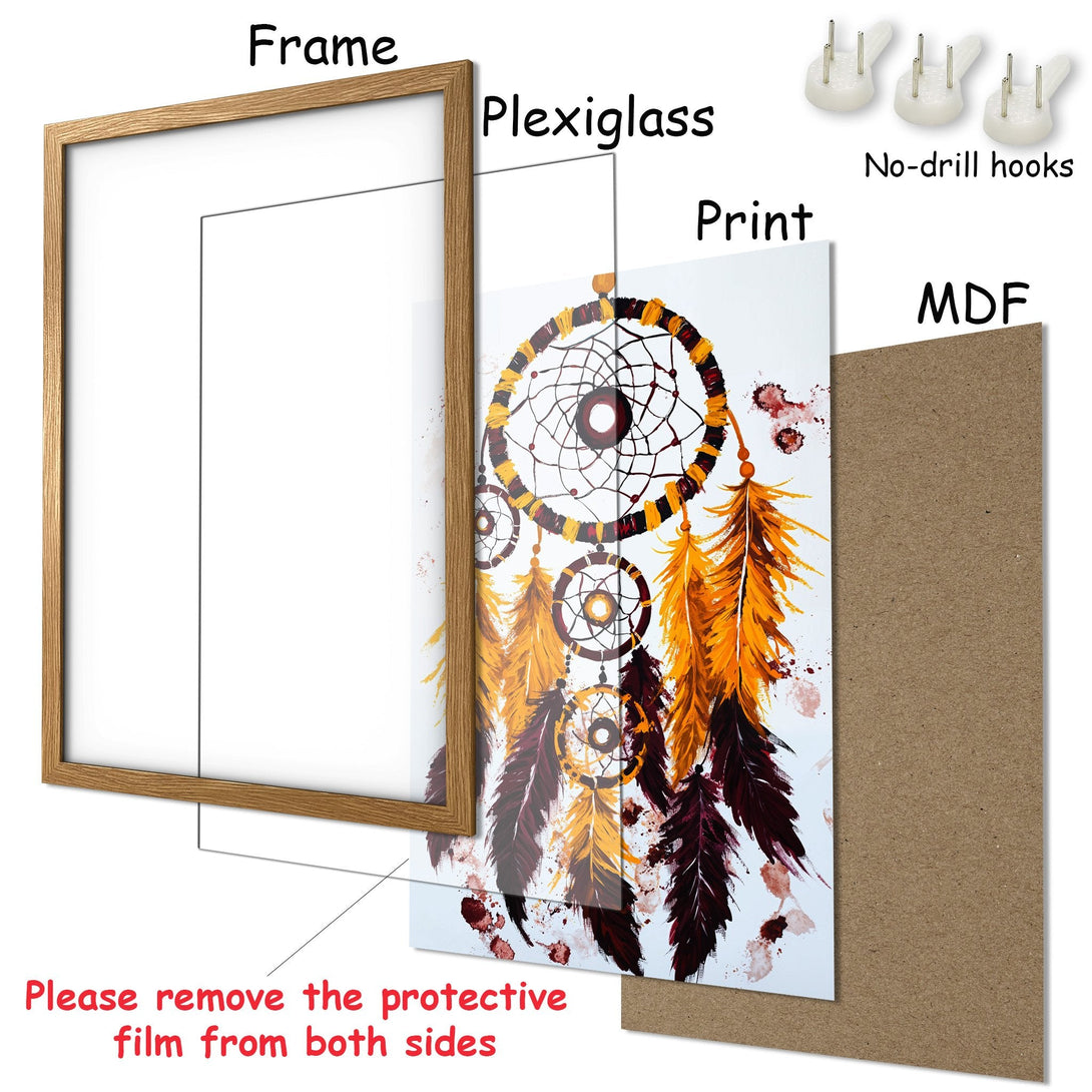 Framed Poster featuring a dreamcatcher in warm orange, brown, and white tones. Perfect boho wall art!