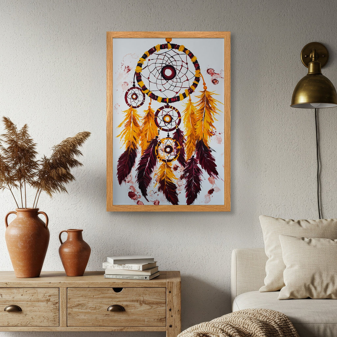 Framed Poster featuring a dreamcatcher in warm yellow and burgundy tones. Perfect boho wall art for your home!