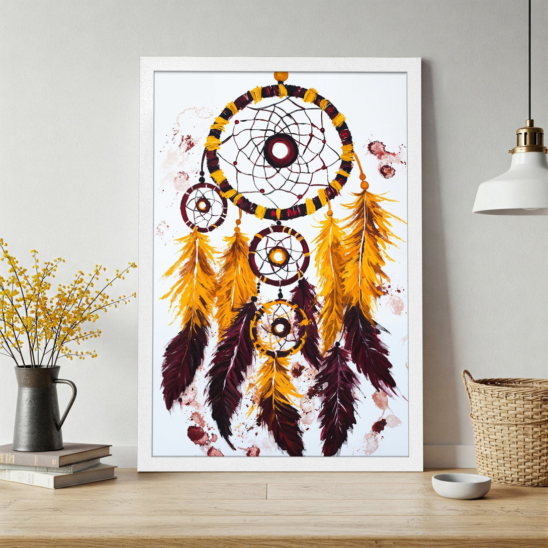 Framed Poster featuring a dreamcatcher design. Abstract style with a warm color palette of yellow, burgundy, and white. Perfect wall art.