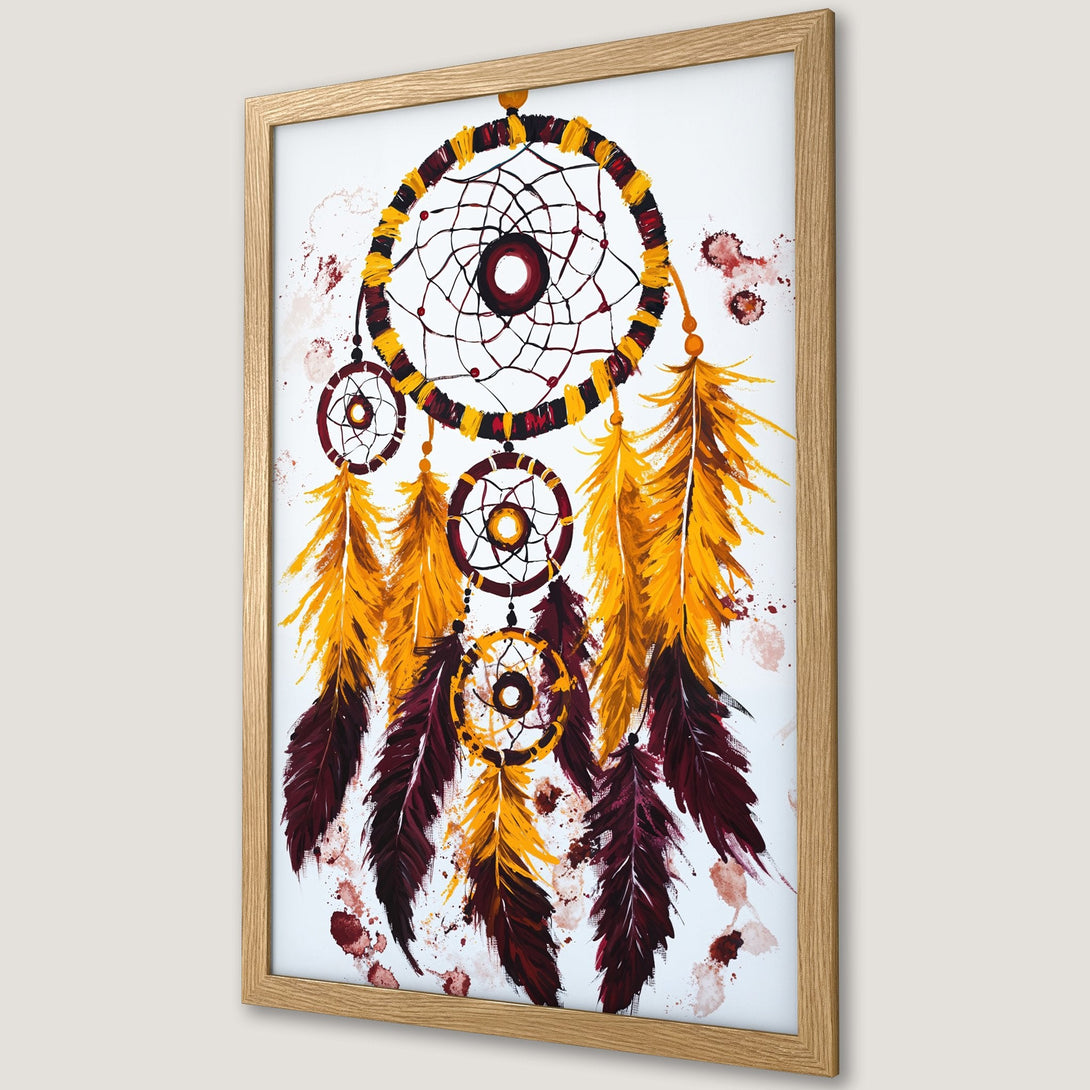 Framed Poster of a dreamcatcher in a watercolor style. Features a warm color palette with shades of yellow, red, and brown.