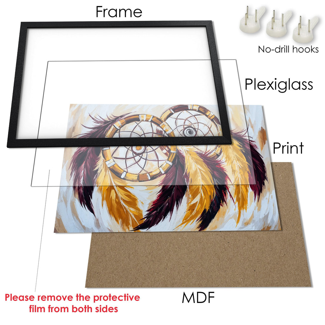 Framed Poster featuring dream catchers in warm tones. Stylish art print perfect for home decor.