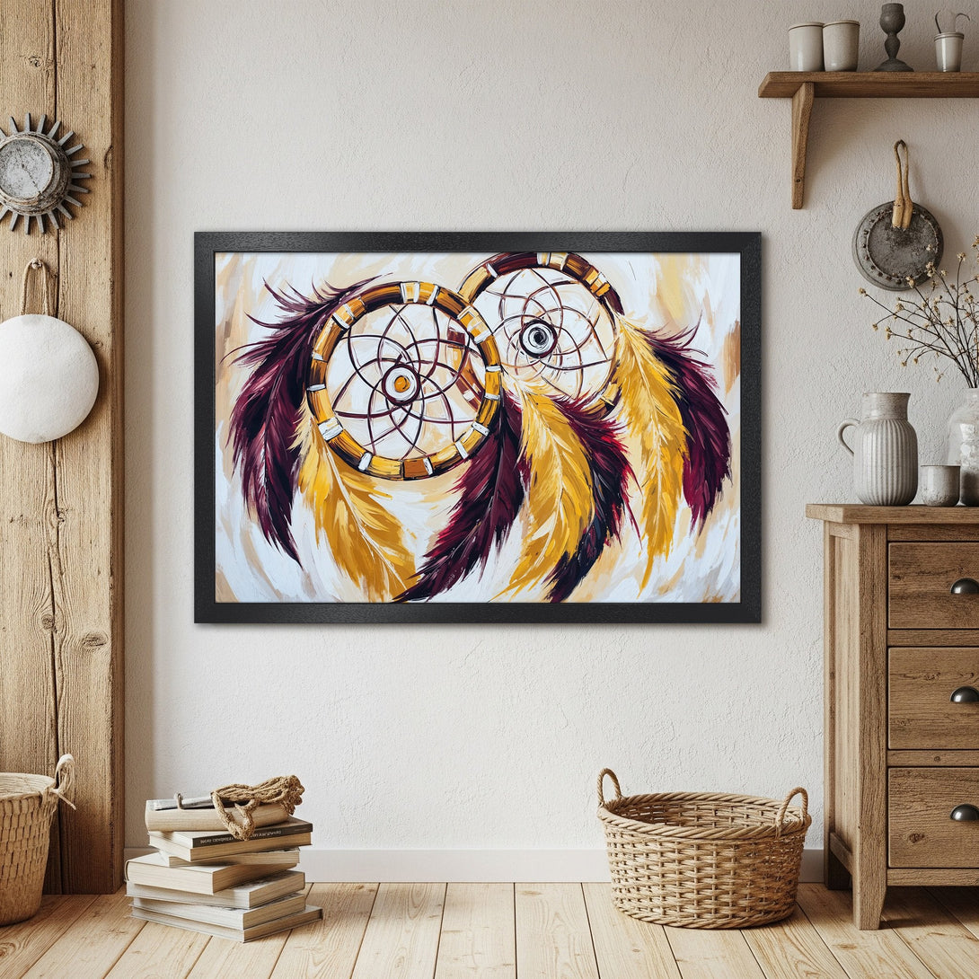 Framed Poster featuring dreamcatcher art in warm yellow, red, and brown tones. Perfect wall decor!