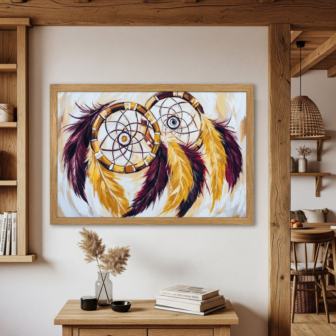 Framed Poster featuring dreamcatcher art, warm gold, burgundy, and white palette, perfect for boho decor.