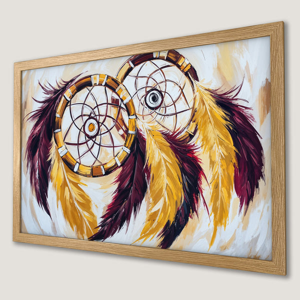 Framed Poster featuring dreamcatchers in a vibrant, abstract style with a warm yellow and burgundy color palette.