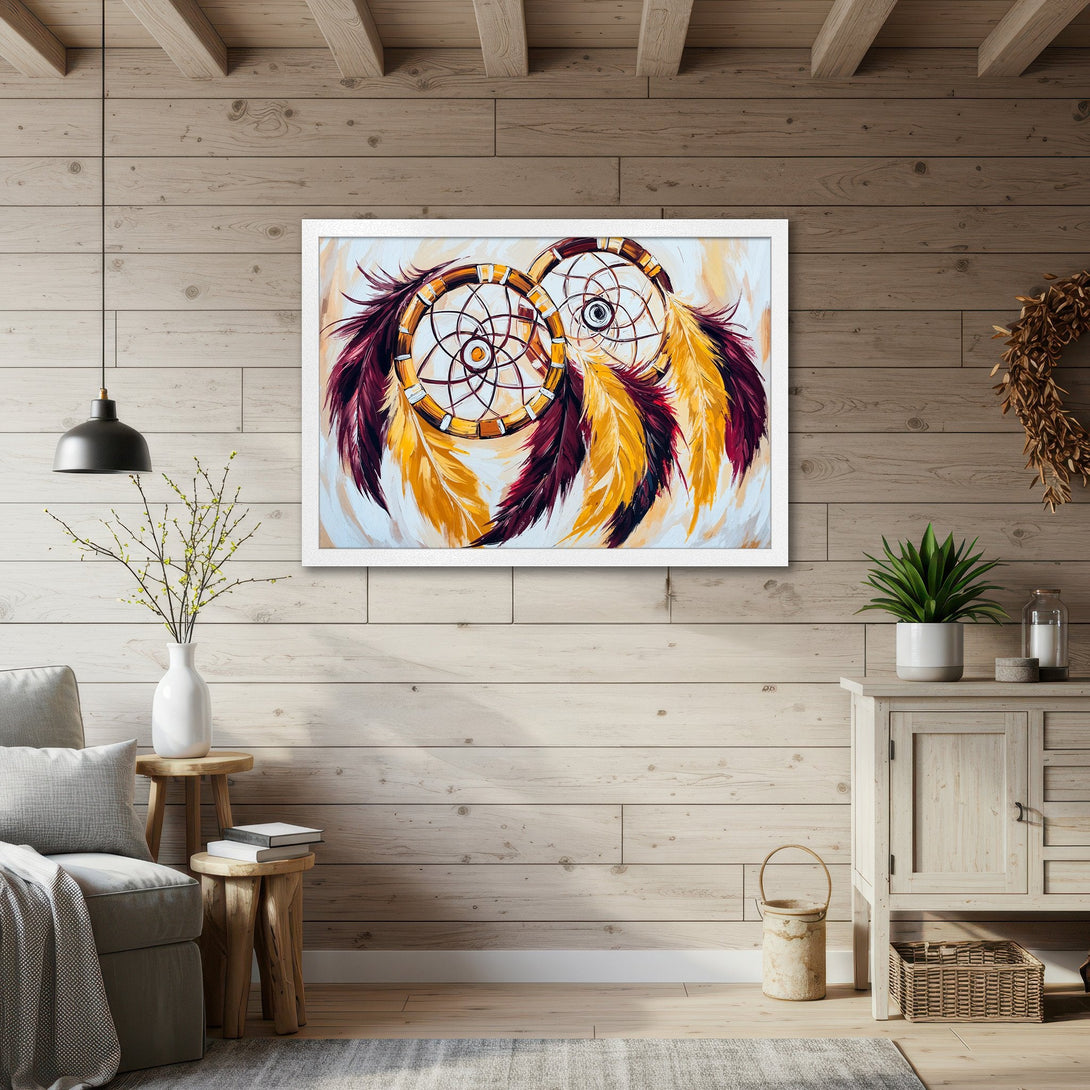 Framed Poster featuring dreamcatchers in warm yellow, burgundy, and brown tones. Perfect wall art for a bohemian style home.