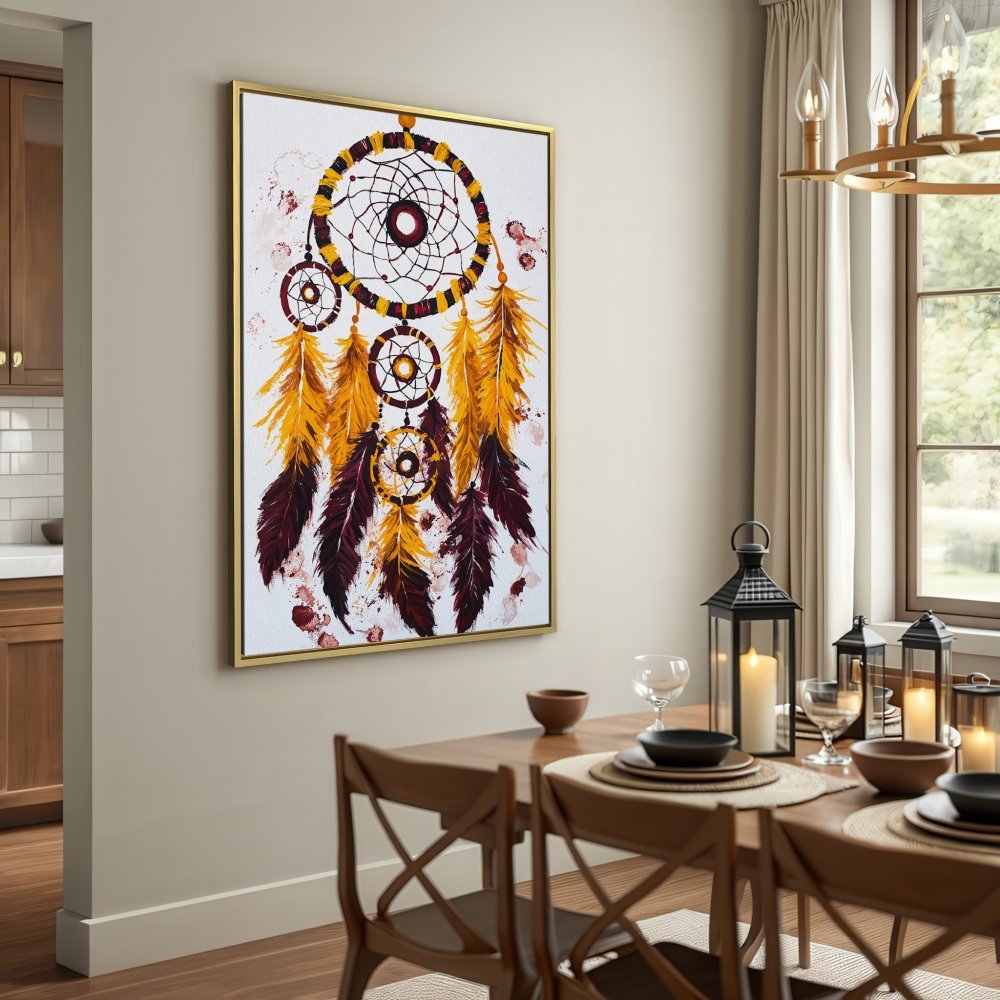 Canvas Print featuring a bohemian dreamcatcher. Warm, earthy tones of gold, brown, and burgundy. Perfect wall art for a cozy interior.