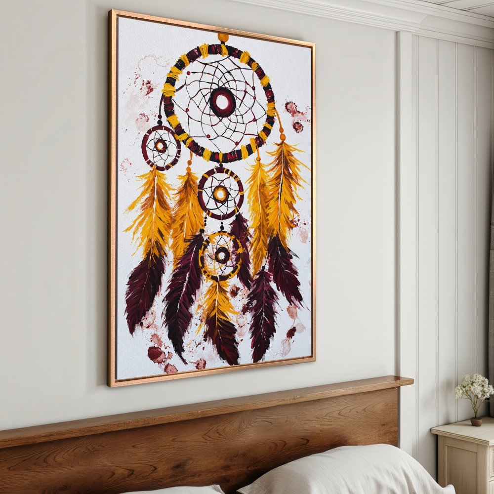 Framed Wall Art: Dreamcatcher painting with yellow, burgundy, and gold accents. Perfect for boho decor, this canvas print adds a touch of artistry to any room.