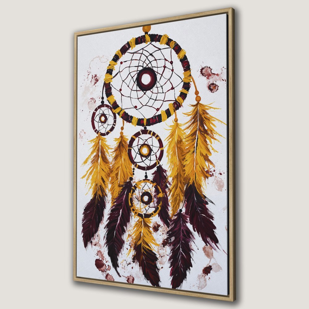 Framed Wall Art: Dreamcatcher painting in warm gold, burgundy, and white. Boho style canvas print for a cozy interior.