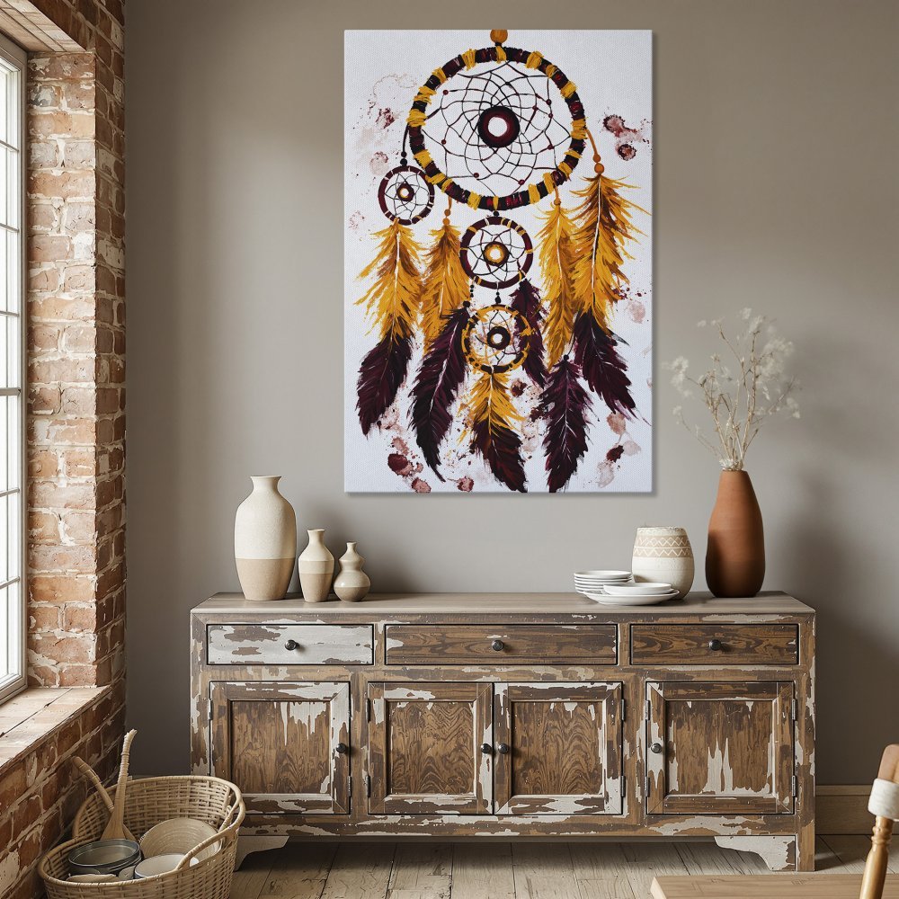 Framed Wall Art: Dreamcatcher painting with gold, yellow, and burgundy hues. Boho style canvas print perfect for dining room decor.