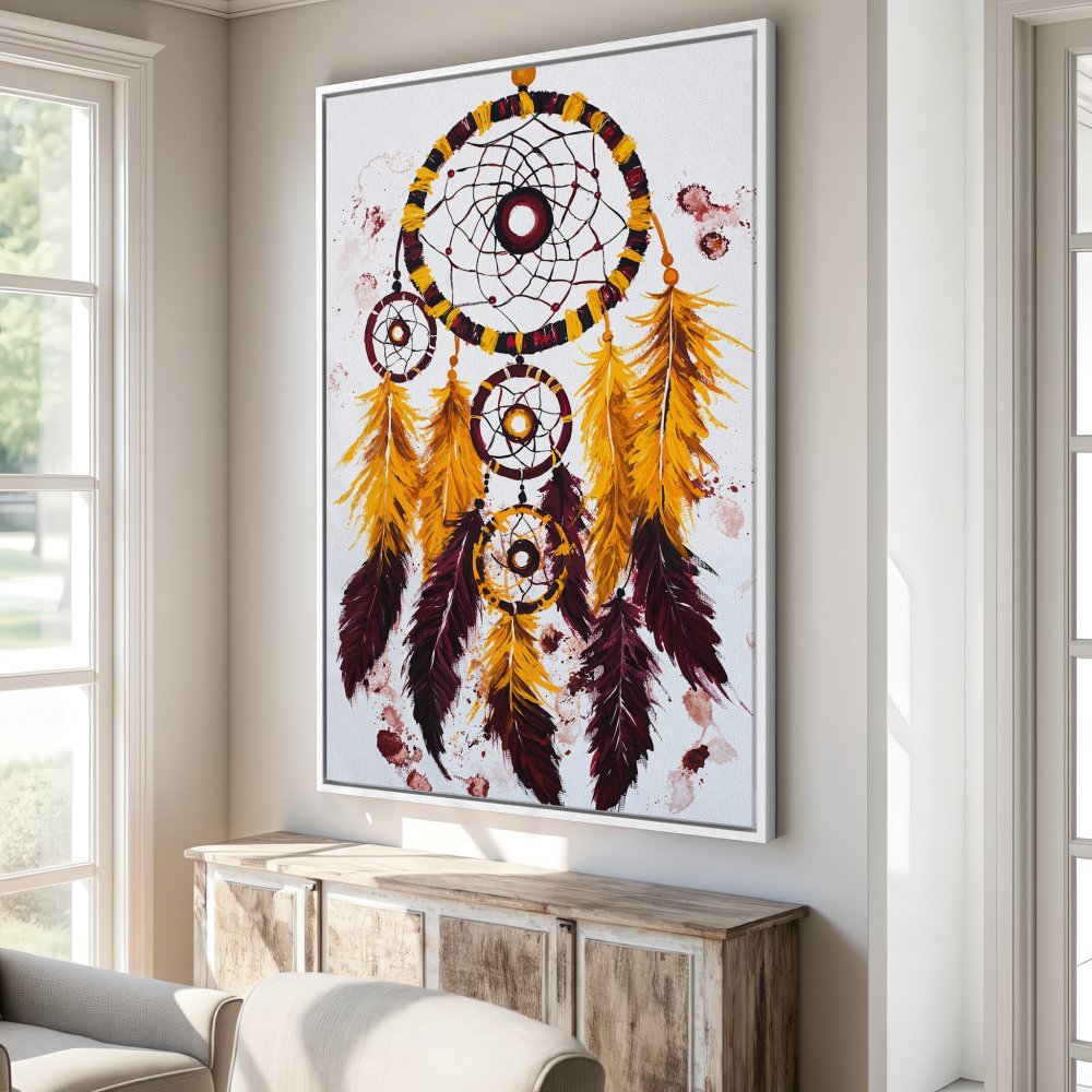 Framed Wall Art: Dreamcatcher painting in warm yellow and burgundy tones. Add bohemian style to your home with this unique canvas print.