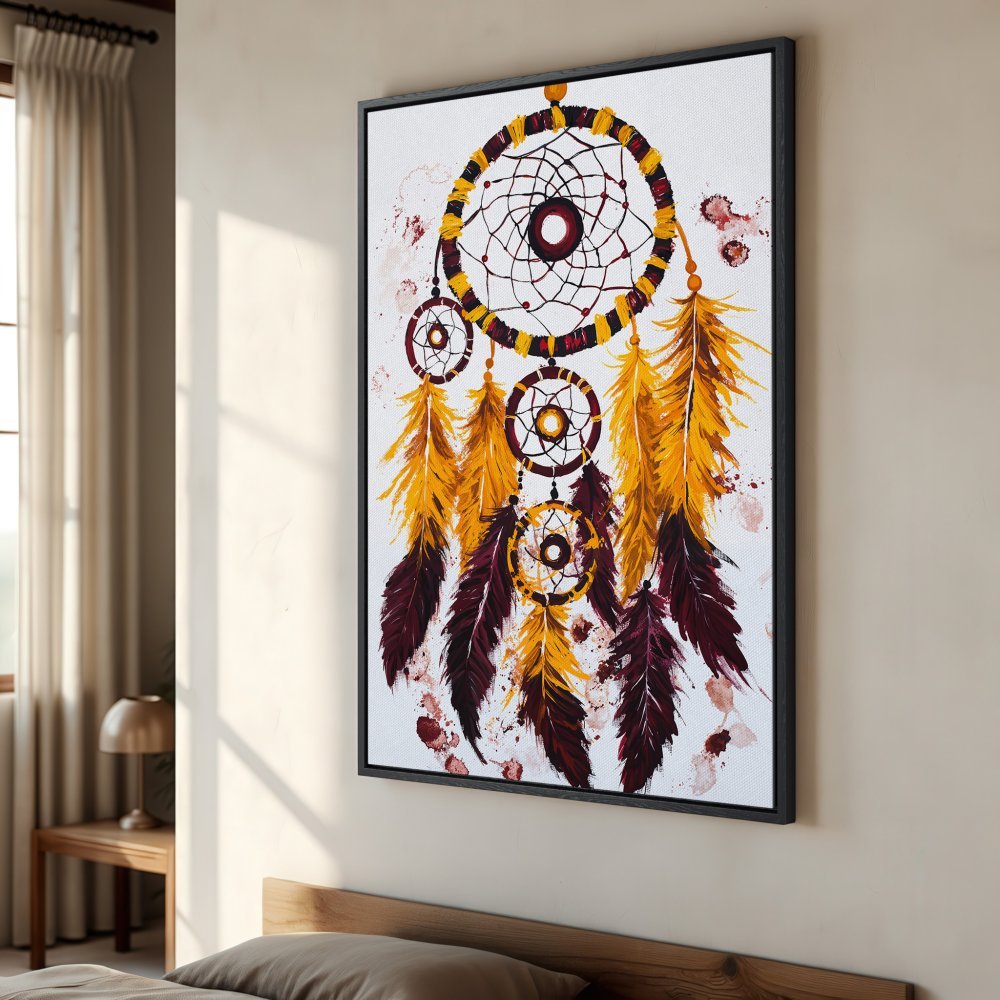 Framed Wall Art: Dreamcatcher Canvas Print in warm yellow & burgundy tones. Bohemian style art for bedroom decor.