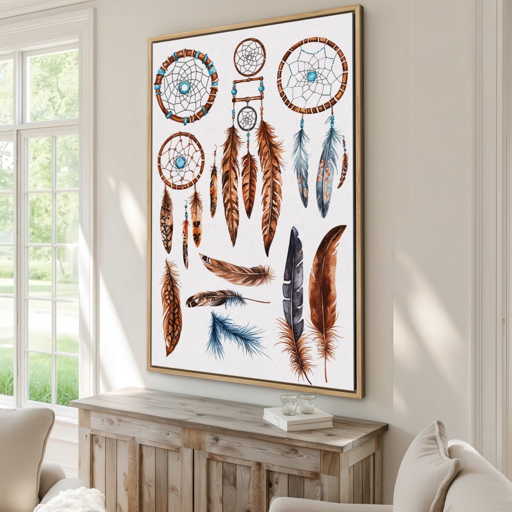 Framed Wall Art: Watercolor dreamcatcher and feather print. Earthy tones of brown, blue, and white. Perfect bohemian home decor.