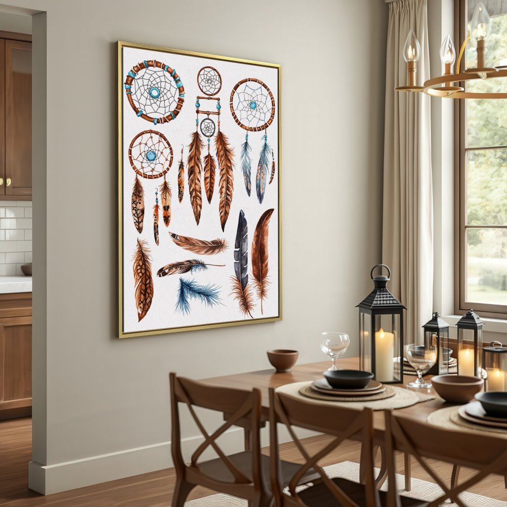Canvas Print featuring watercolor dreamcatchers and feathers in earthy tones. Perfect boho wall art!