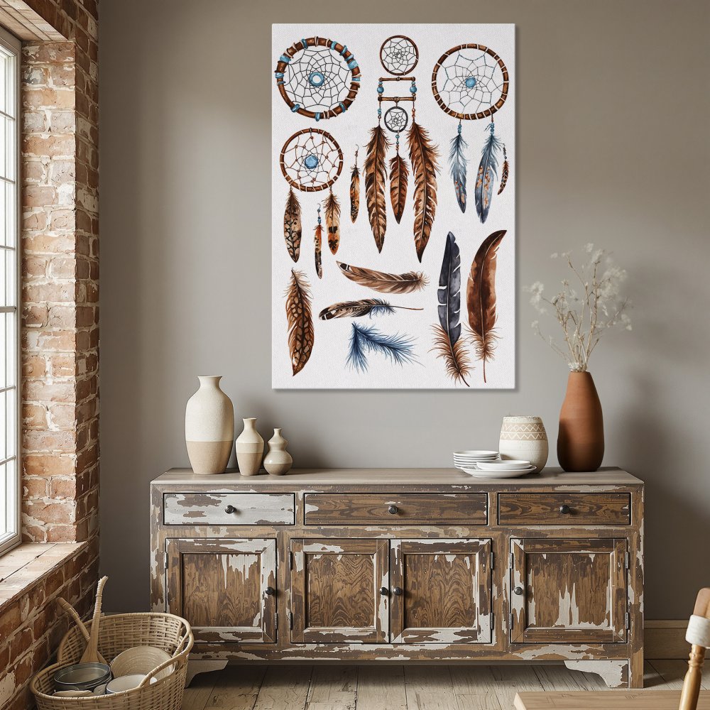 Framed Wall Art: Dreamcatcher Canvas Print, Boho style, warm brown and teal tones, perfect for living room or bedroom decor.