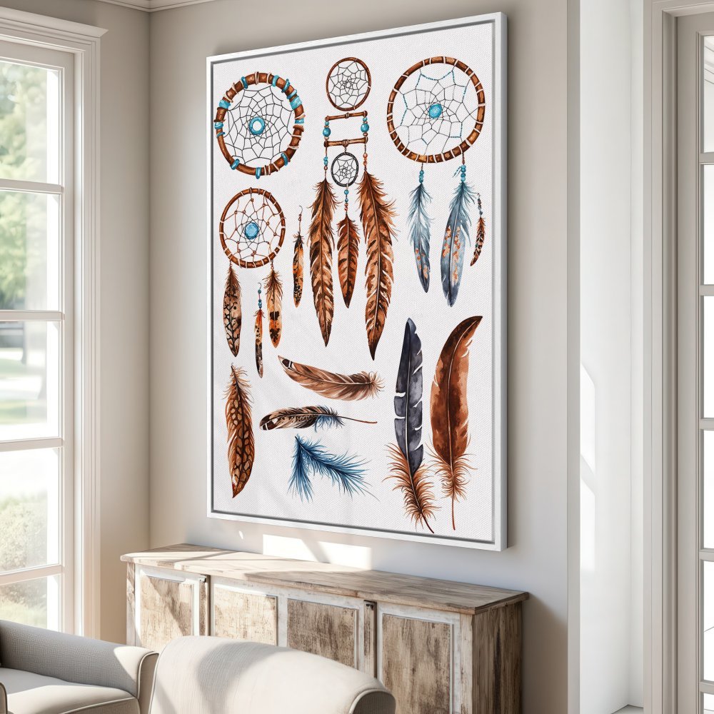 Canvas Print featuring watercolor dreamcatchers and feathers in warm brown and blue tones. Boho wall art for your home!