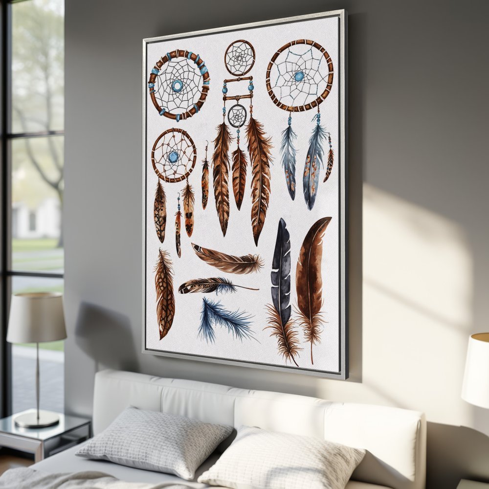Canvas Print featuring watercolor dreamcatchers and feathers in earthy tones. Boho wall art for a stylish bedroom.