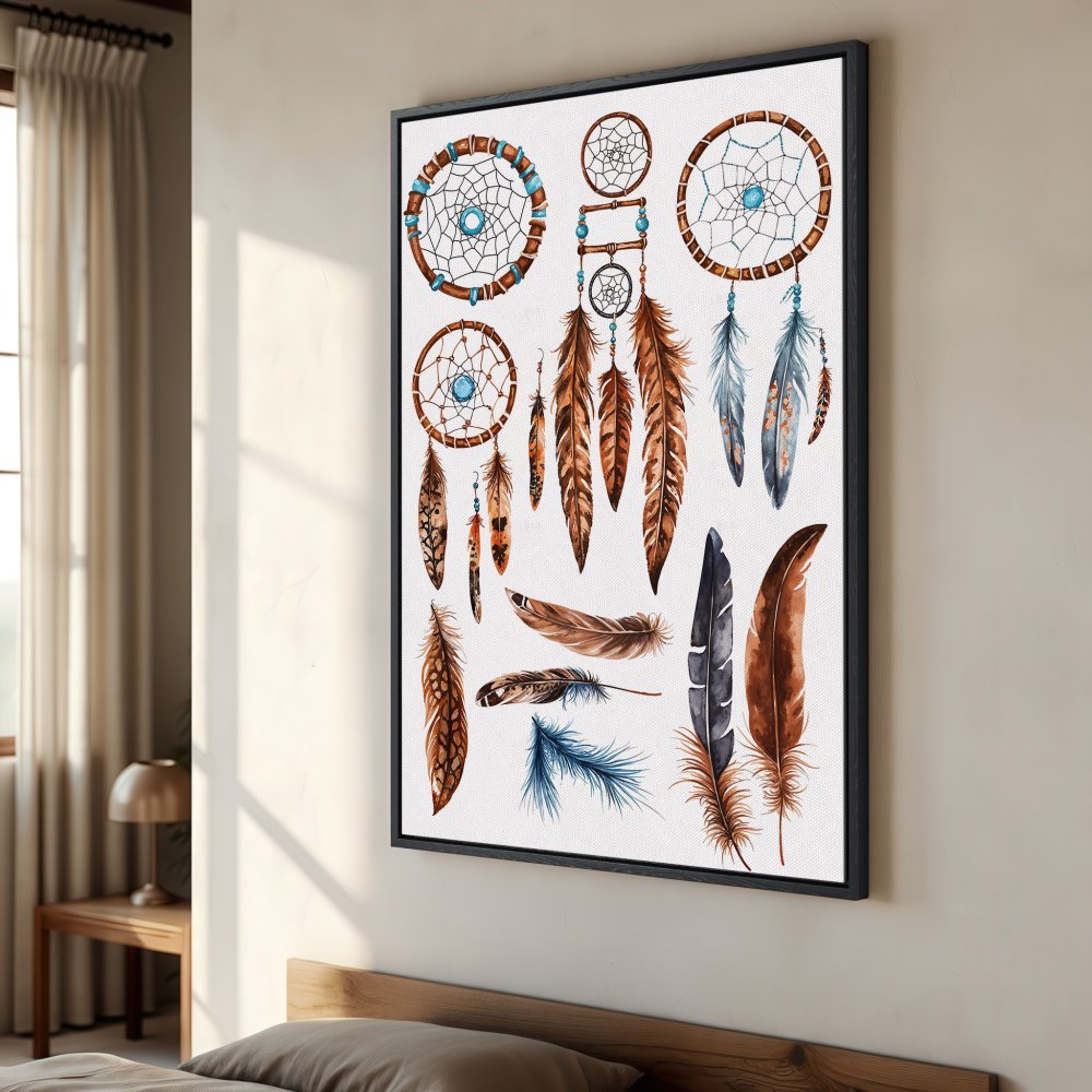 Framed Wall Art: Watercolor dreamcatcher print in warm brown & blue tones. Add bohemian style to your space.