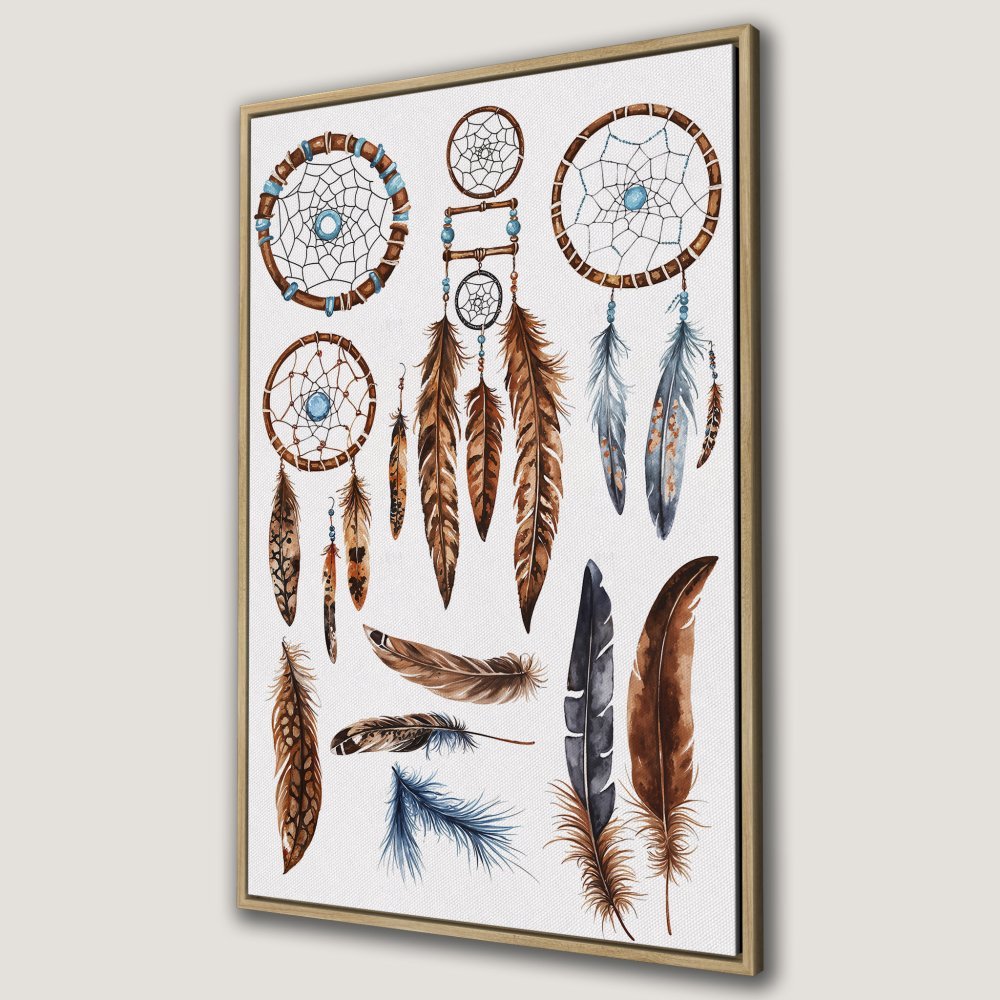 Framed Wall Art: Watercolor dreamcatcher and feather print in warm brown, blue, and neutral tones. Boho style canvas print for living room decor.