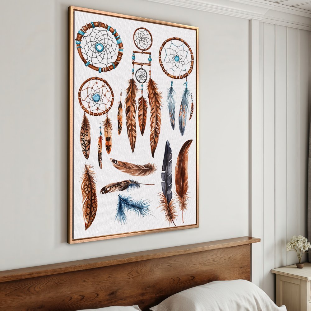 Framed Wall Art: Watercolor dreamcatcher print with earthy tones and blue accents. Boho decor for bedroom or living room.