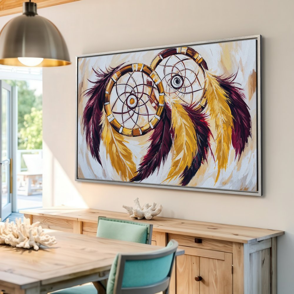 Framed Wall Art: Dreamcatcher painting with warm yellow, burgundy, and cream tones. Perfect boho decor for your living room or bedroom.