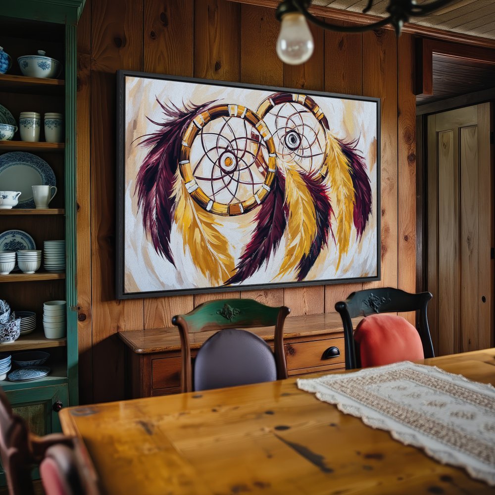 Framed Wall Art: Dreamcatcher canvas print in warm tones. Boho style art with gold, burgundy, & cream palette. Perfect for rustic home decor.