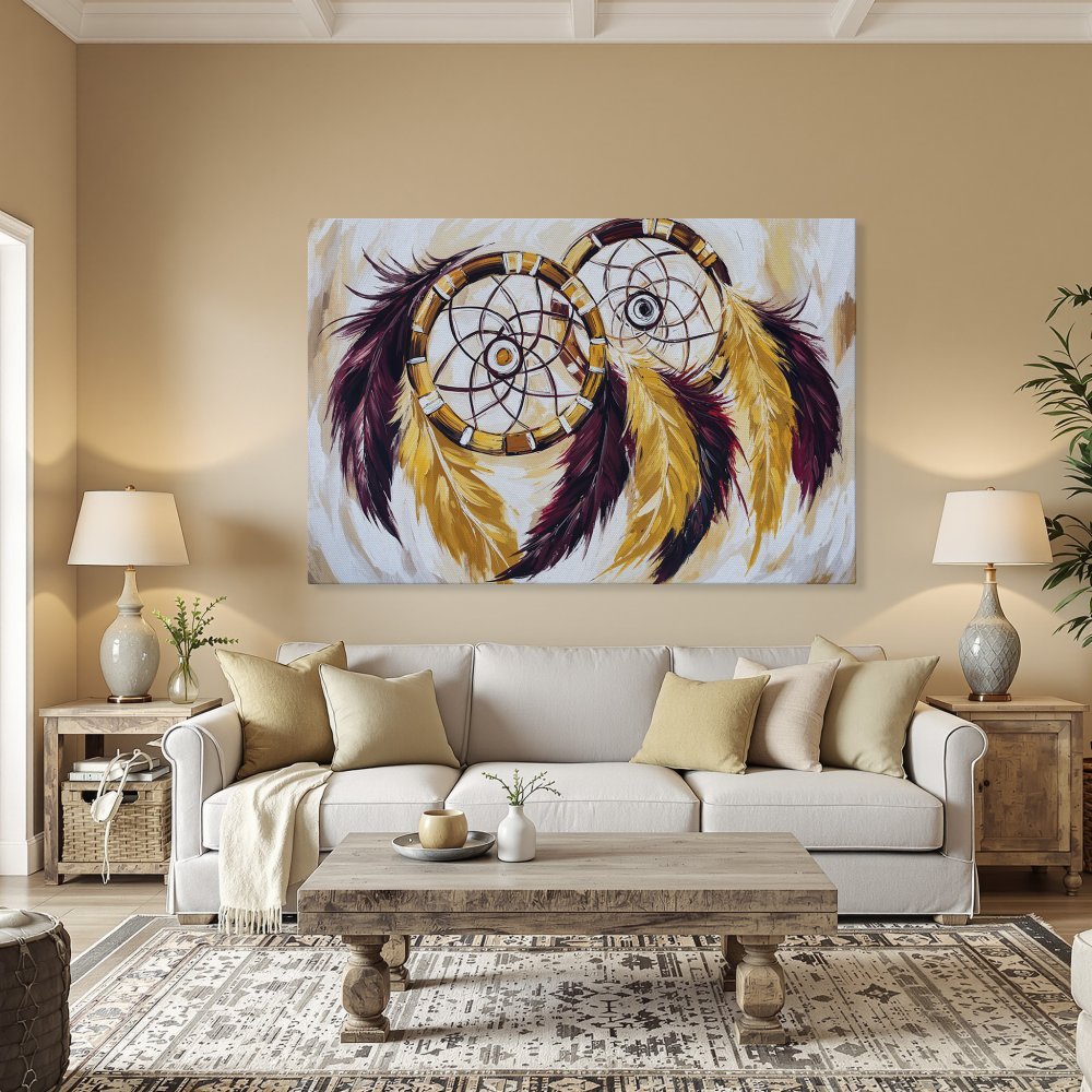 Framed Wall Art: Dreamcatcher painting with warm gold, burgundy, and cream tones. Add a touch of bohemian style to your space!