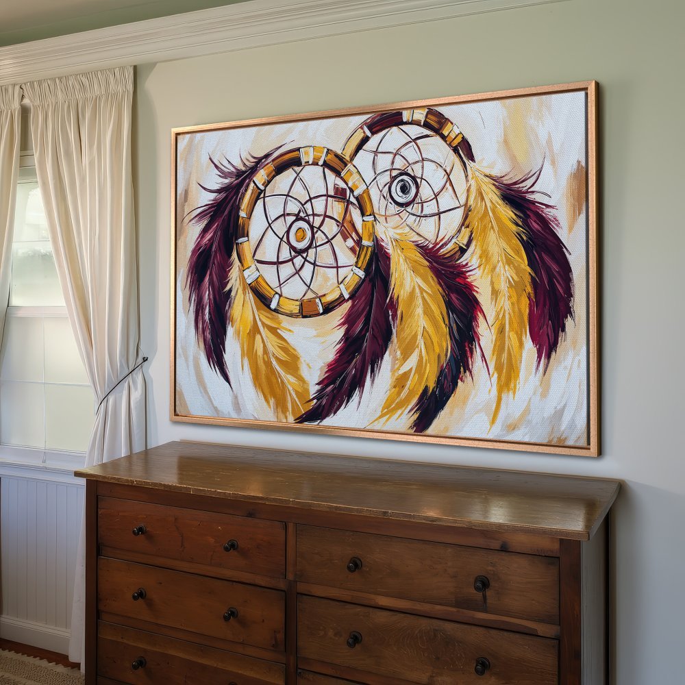 Framed Wall Art: Dreamcatcher painting with warm yellow, burgundy, and gold palette. Perfect boho decor for your home.