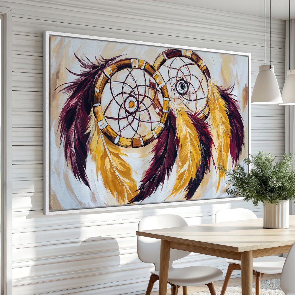 Framed Wall Art: Dreamcatcher painting in warm tones. Add a touch of boho style to your home with this stunning canvas print!