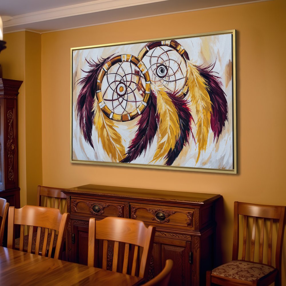 Canvas Print: Dreamcatcher art in warm gold, burgundy, and cream tones. Boho style wall decor for living room.