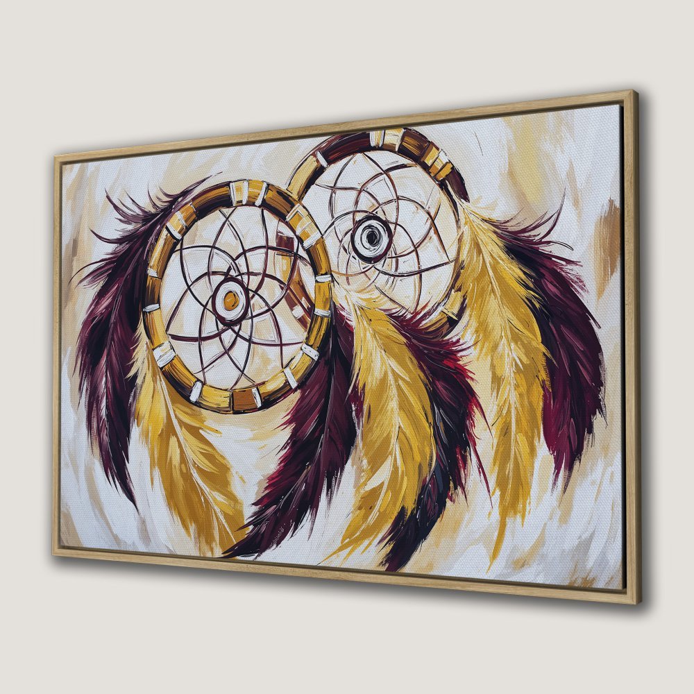 Framed Wall Art: Dreamcatcher Canvas Print in warm gold, burgundy, and cream tones. Boho style wall decor for living room or bedroom.