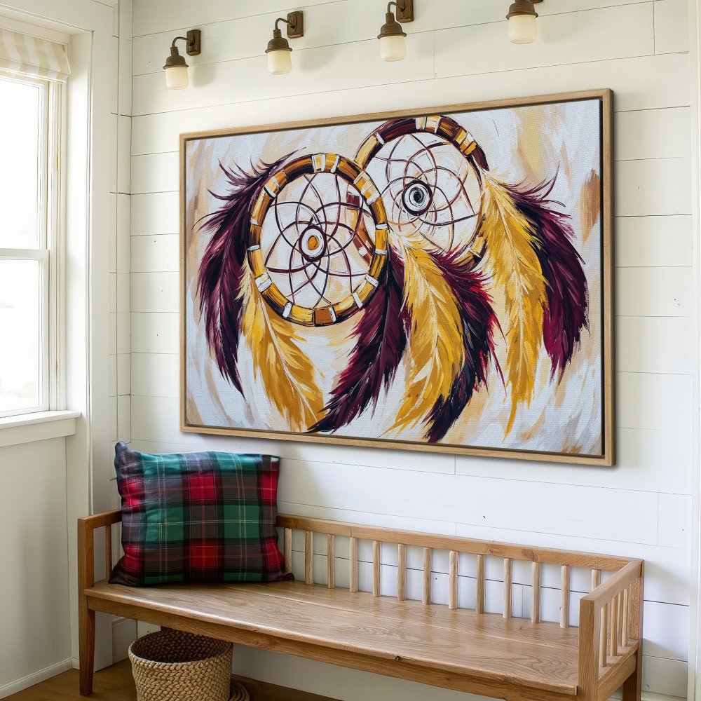 Framed Wall Art: Dreamcatcher canvas print with warm gold, burgundy, and cream tones. Perfect boho decor for your home. Shop now!