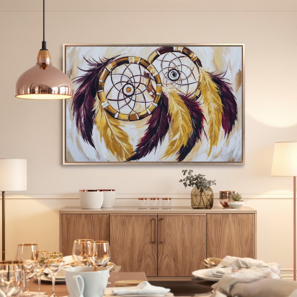 Framed Wall Art: Dreamcatcher painting in warm gold, burgundy, and cream. Add bohemian style to your home with this canvas print.