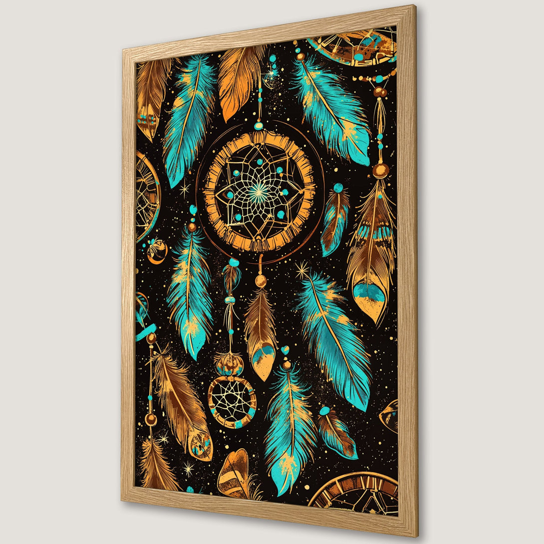 Framed Poster featuring dreamcatcher and feather design in teal, gold, and brown on a black background. Bohemian style wall art.