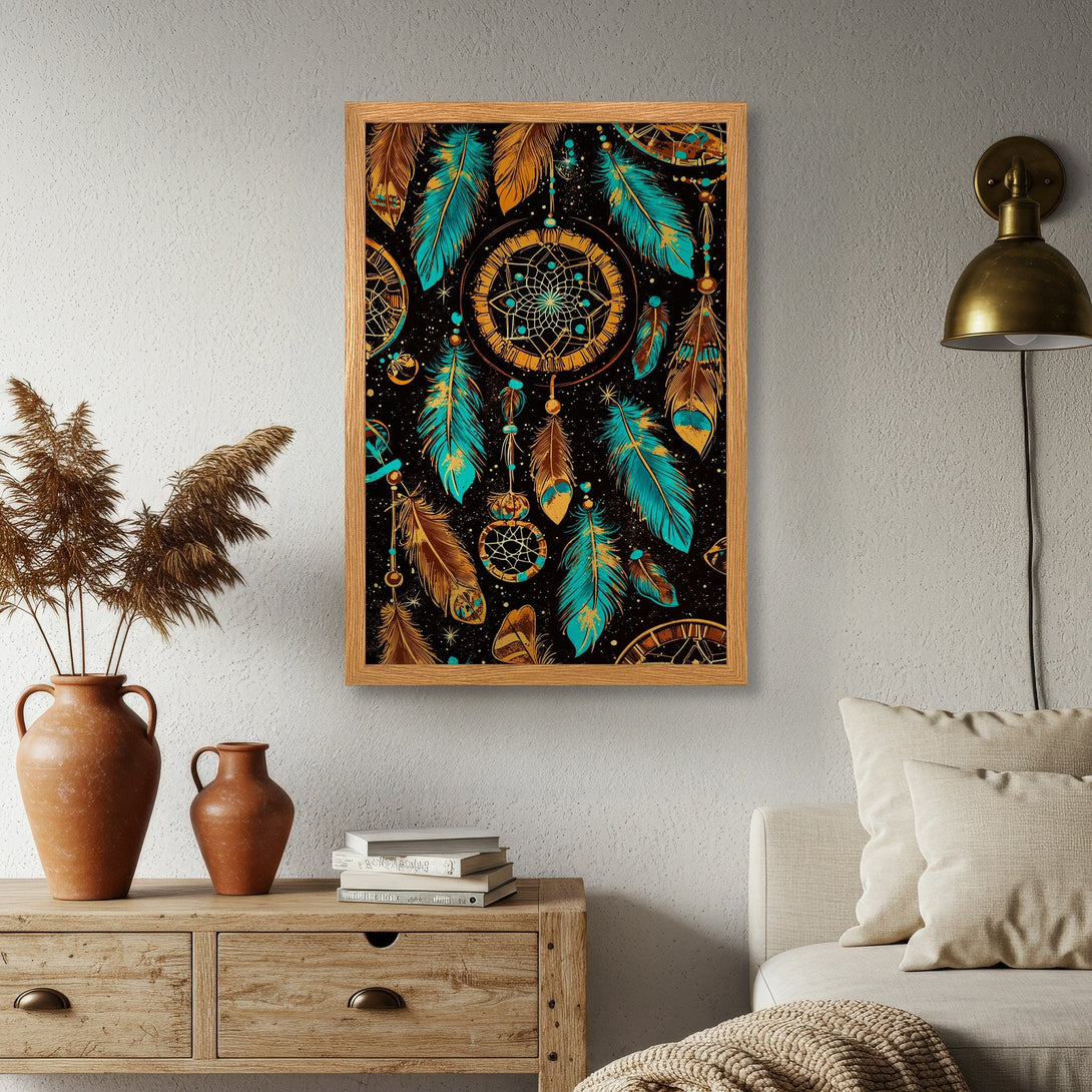 Framed Poster featuring a dreamcatcher design with teal, gold, and brown feathers on a black background. Perfect wall art for boho decor.