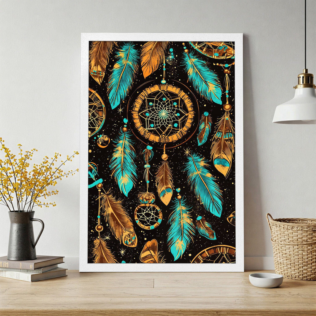Framed Poster featuring a dreamcatcher design with teal, gold, and brown feathers on a black background. Perfect boho wall art!