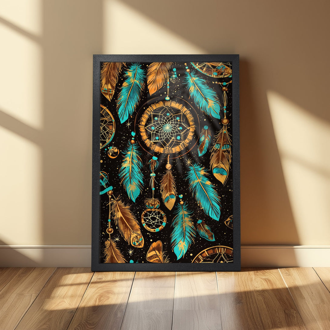 Framed Poster featuring dreamcatchers and feathers in a bohemian style with teal, gold, and brown color palette. Enhance your space!