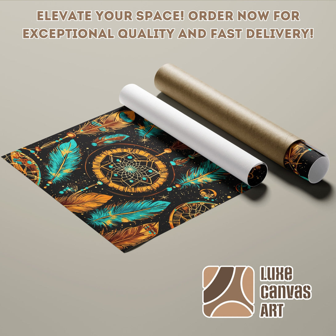 Dreamcatcher Poster Roll art print, featuring a black background with teal and gold feathers. Perfect wall decor!