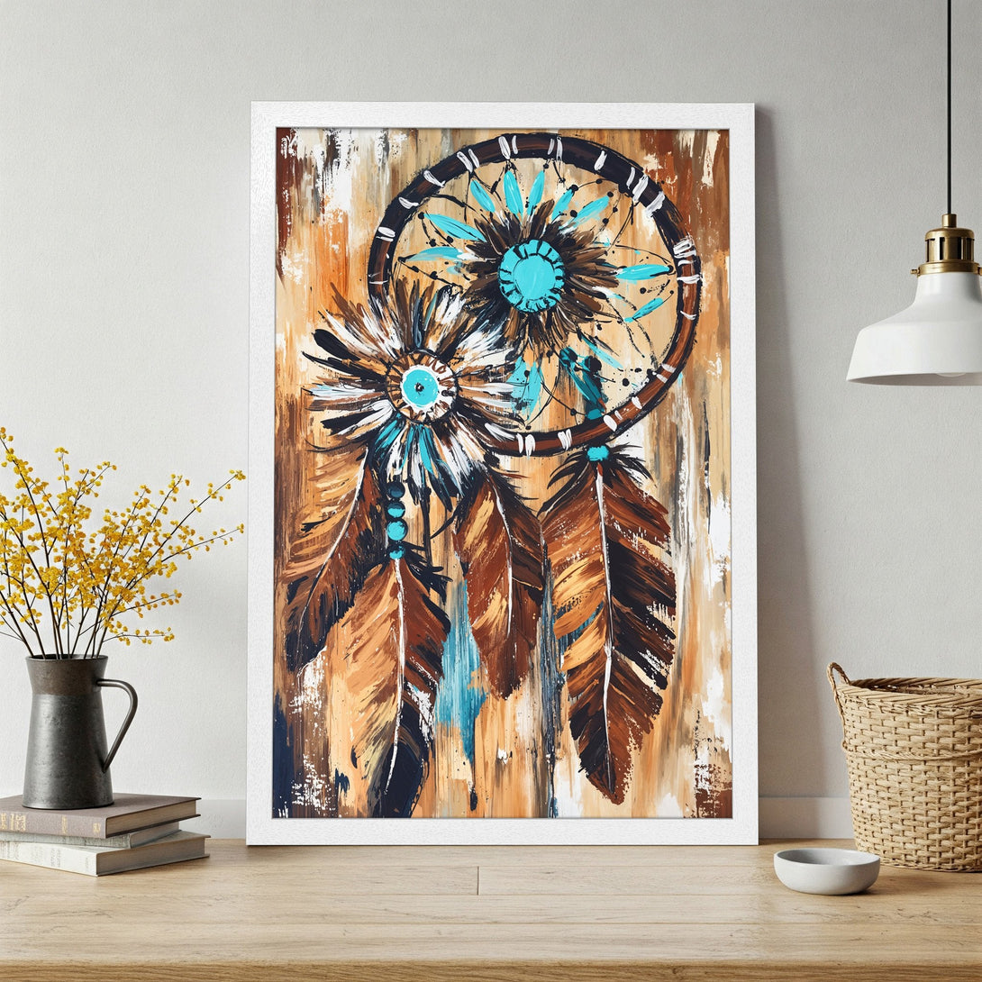 Framed Poster featuring a dreamcatcher in abstract style with a warm brown, turquoise, and white color palette. Perfect wall art for your home!