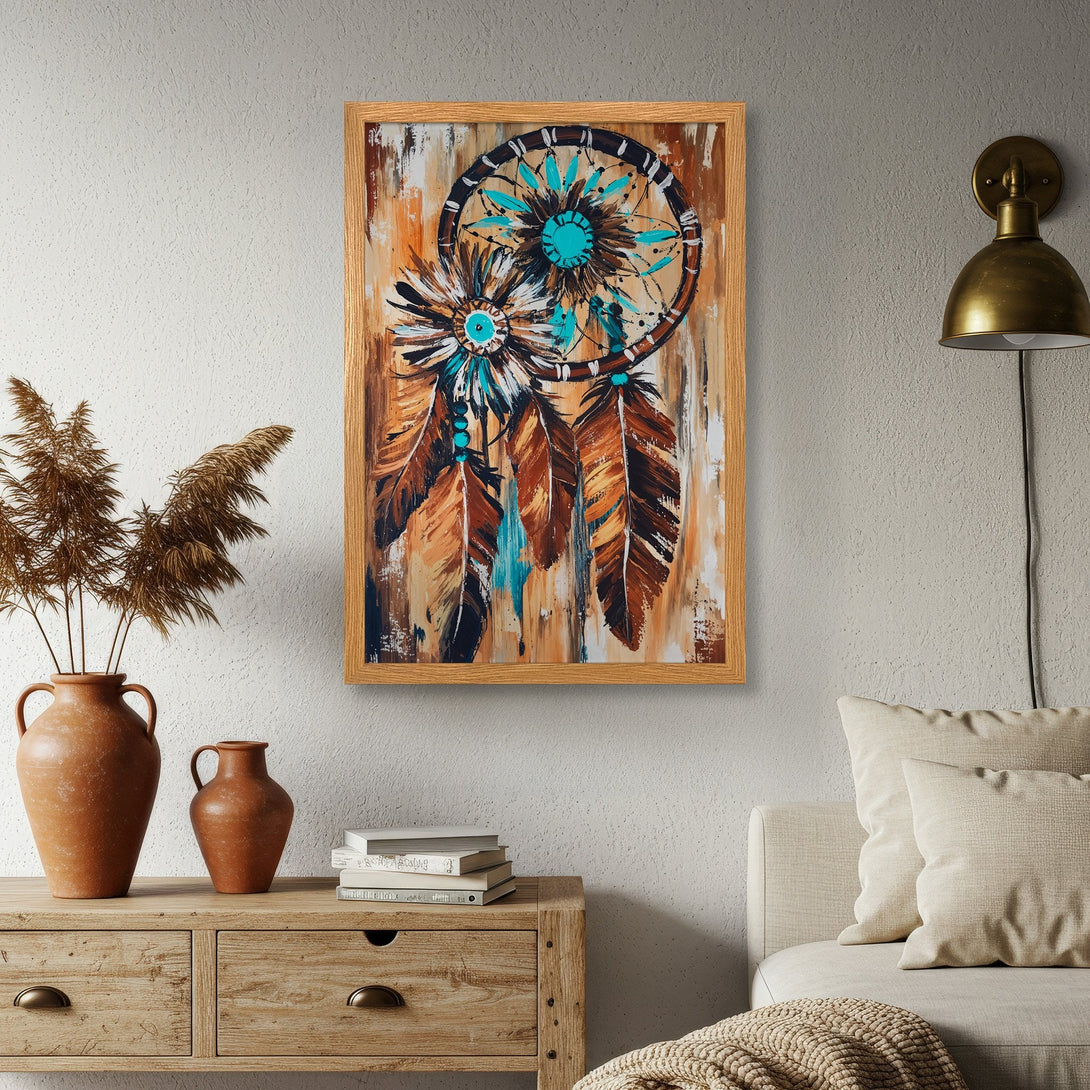 Framed Poster featuring a dreamcatcher design in a bohemian style with a warm brown and teal color palette. Perfect wall decor!