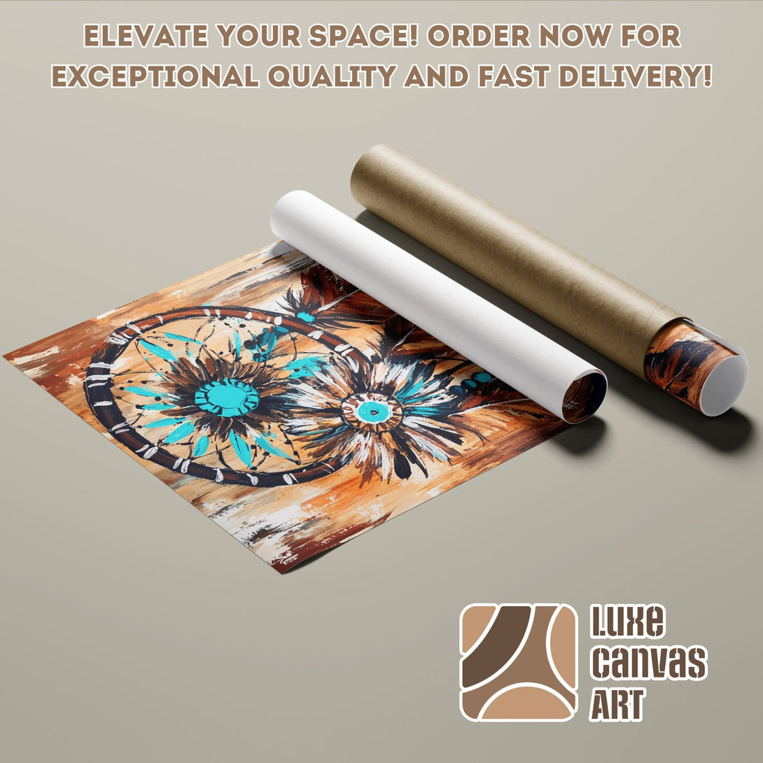 Dreamcatcher Poster Roll in warm earth tones and turquoise. Elevate your space with this unique art print! Order now for fast delivery.
