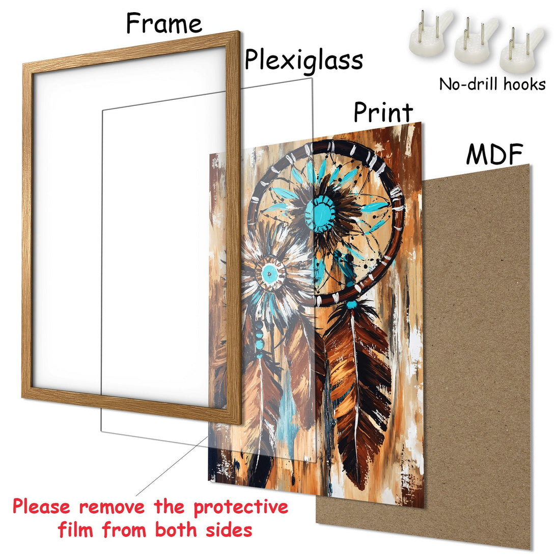 Framed Poster featuring a dreamcatcher art print in brown, teal, and white. Rustic style wall art for your home.