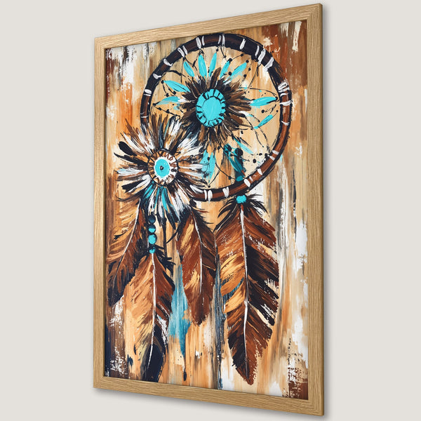 Framed Poster featuring a dreamcatcher painting in a rustic style with brown, turquoise, and white color palette. Perfect wall art!