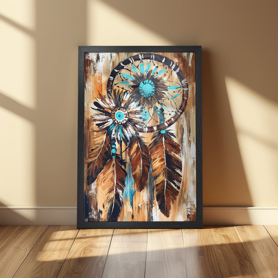 Framed Poster featuring a dreamcatcher in an abstract style with brown, turquoise, and beige color palette. Perfect wall art!