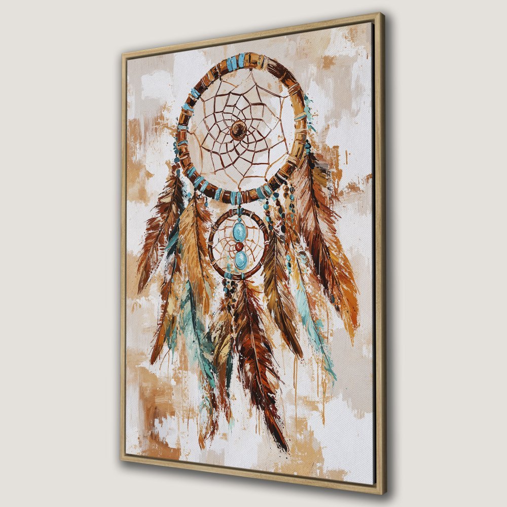 Framed Wall Art: Dreamcatcher painting in warm brown, teal, and beige tones. Bohemian style canvas print for living room decor.