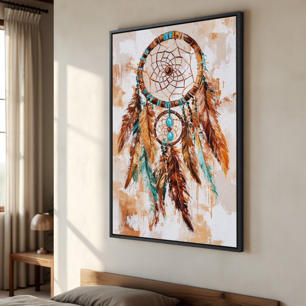Framed Wall Art: Dreamcatcher Canvas Print in boho style with earthy tones and turquoise accents. Perfect for bedroom decor.